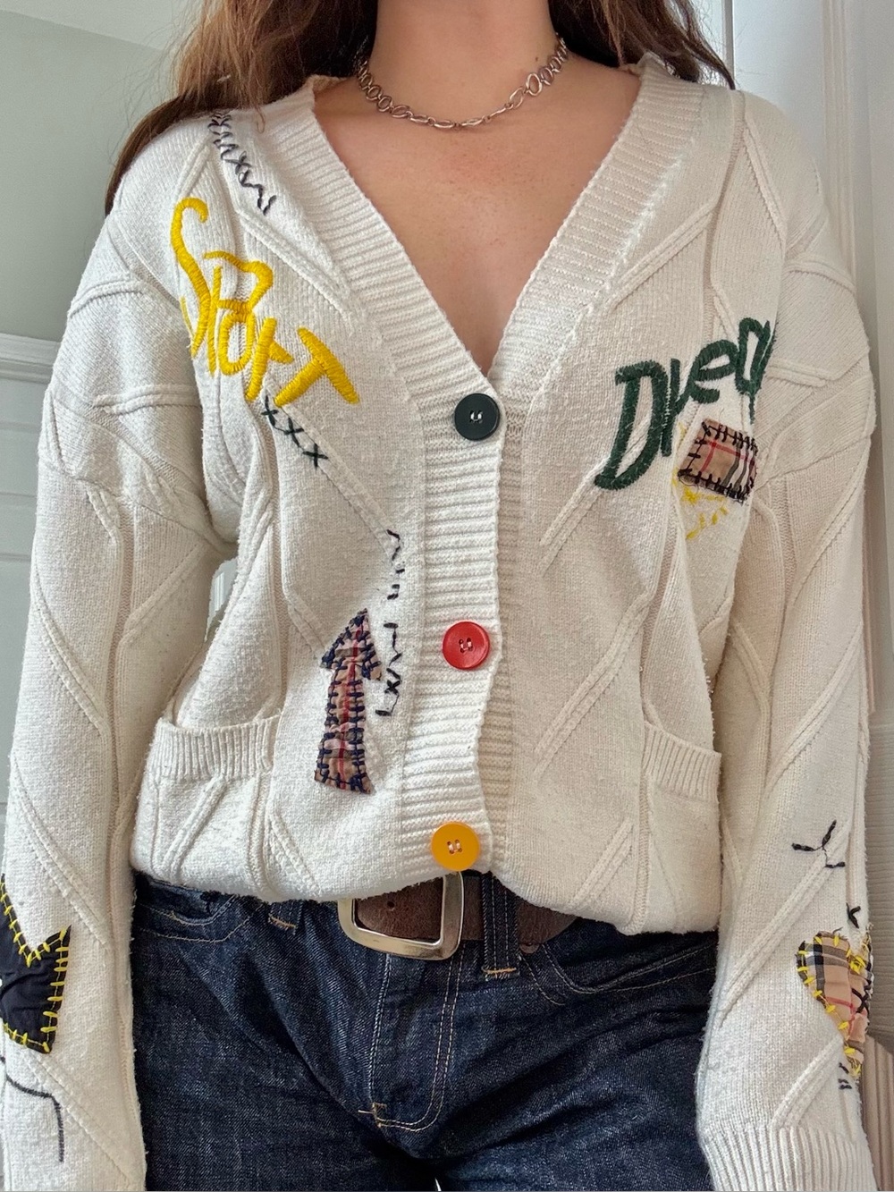 White Embroidered V-Neck Cardigan Sweater